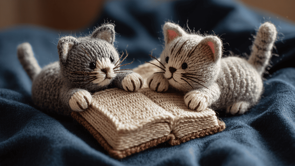 кошки связанные из нитей с книгой